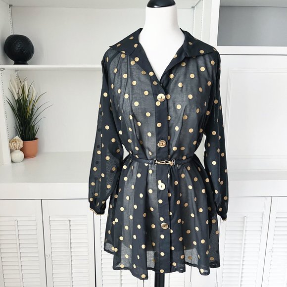 Vintage Tops - Vintage Dotti | Black Gold Polka Dot Oversized Blouse Tunic Dress | M